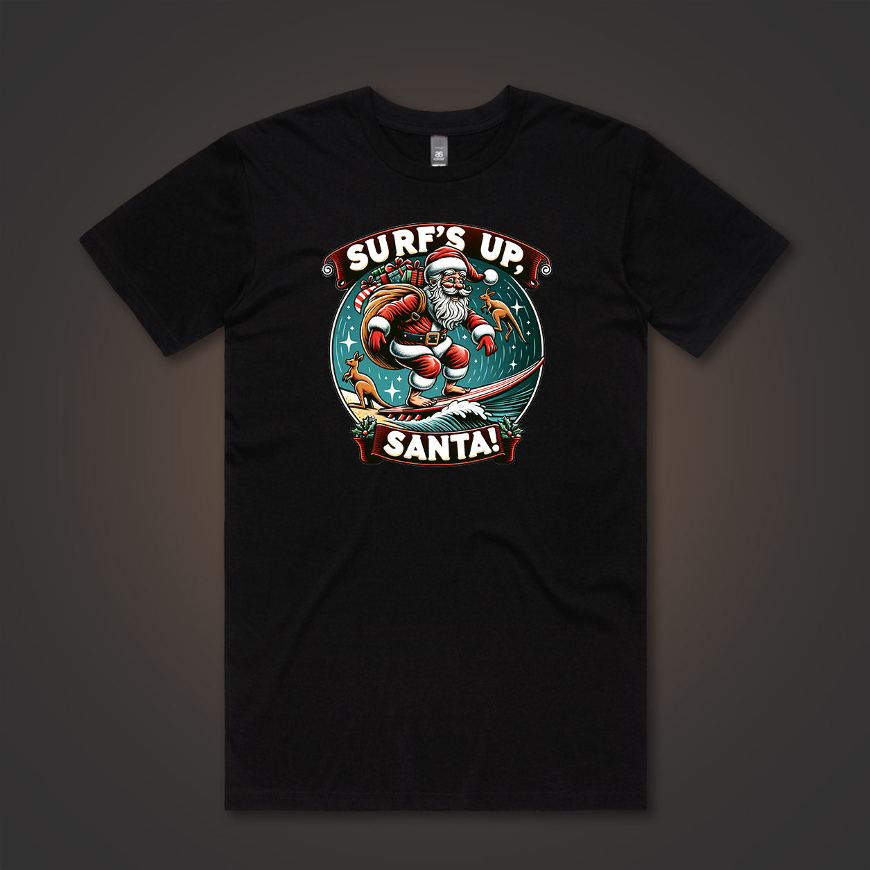 A photo of a tshirt with a print of Santa surfing with Kangaroos in the background