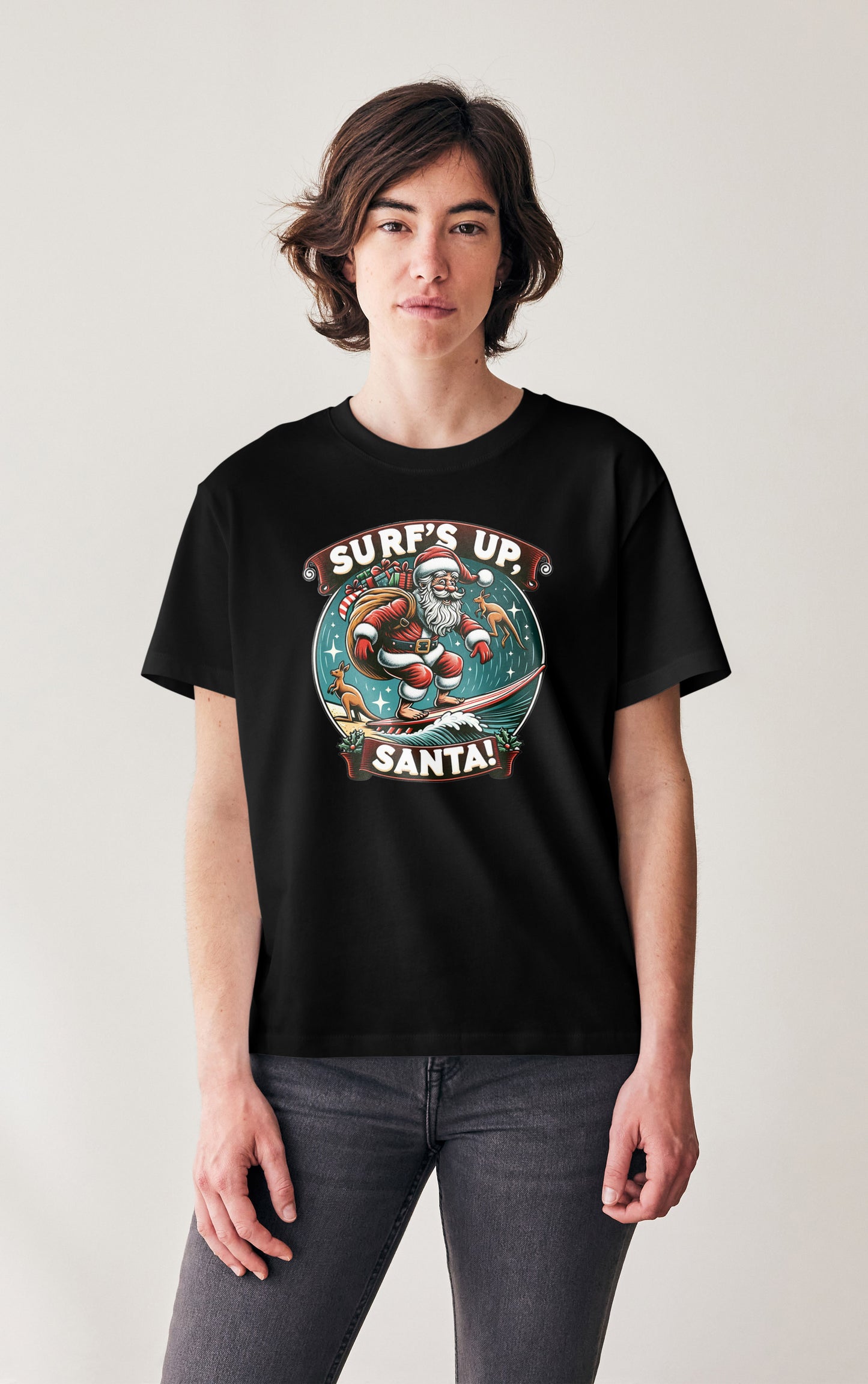 A photo of a tshirt with a print of Santa surfing with Kangaroos in the background