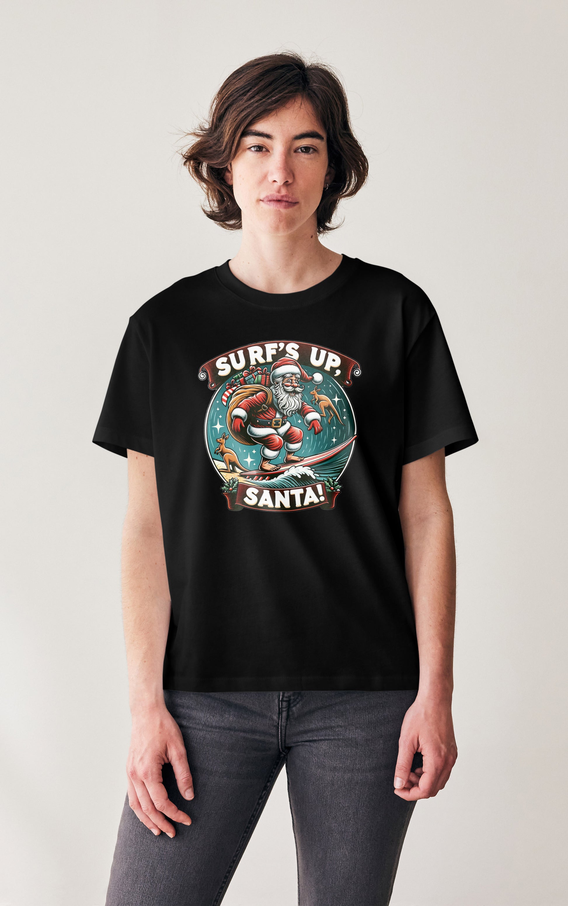 A photo of a tshirt with a print of Santa surfing with Kangaroos in the background