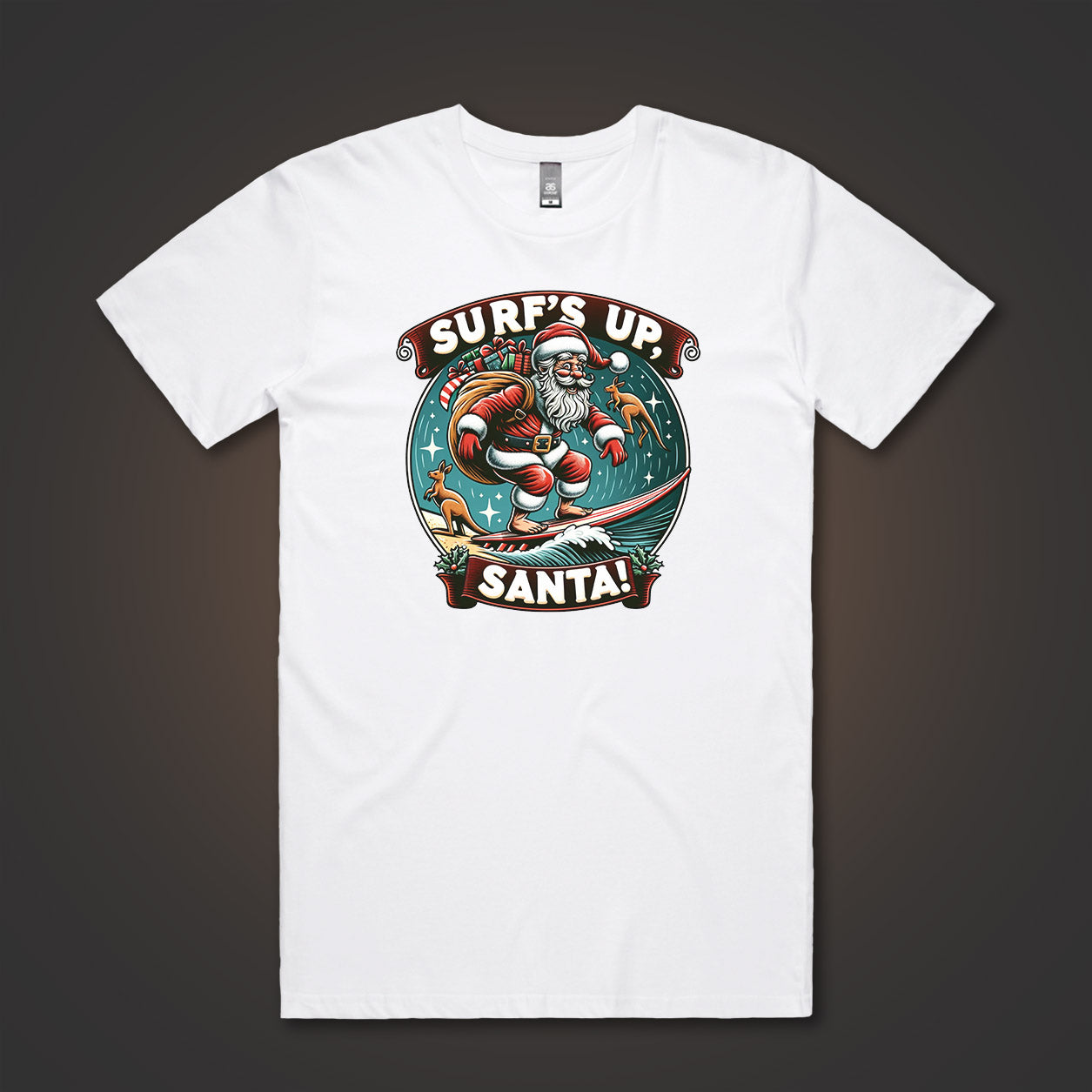 A photo of a tshirt with a print of Santa surfing with Kangaroos in the background