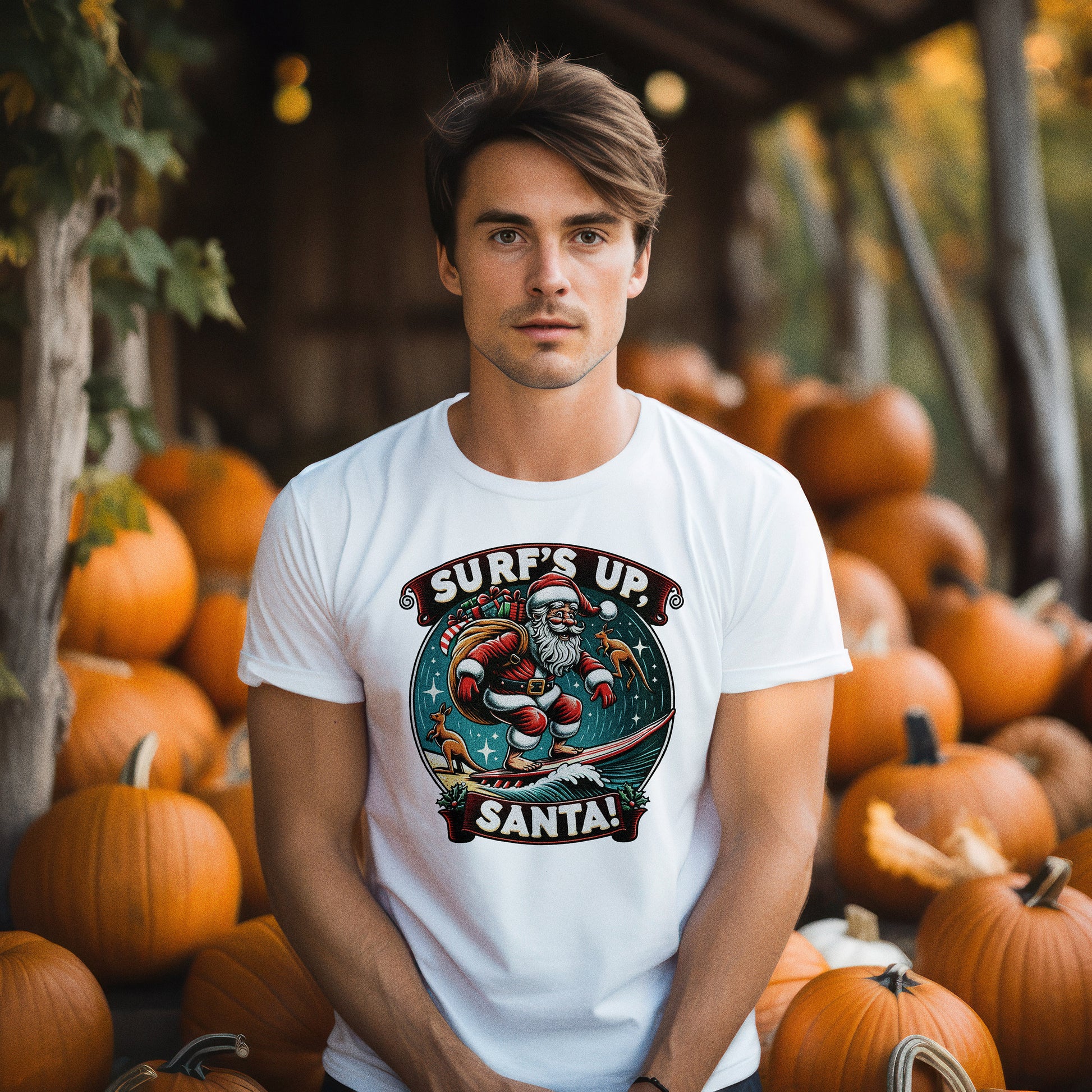 A photo of a tshirt with a print of Santa surfing with Kangaroos in the background