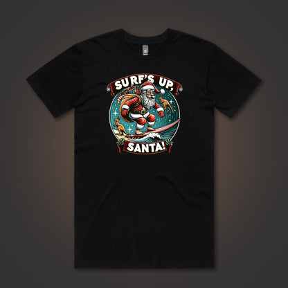 A photo of a tshirt with a print of Santa surfing with Kangaroos in the background 