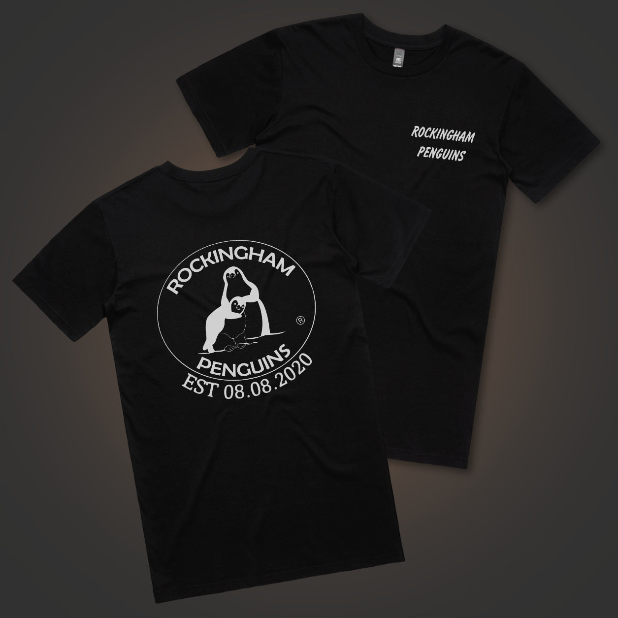 Rockingham Penguins Text and Logo (Double-Sided) - Black Tee